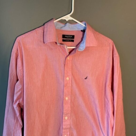 Nautica Button Down Dress Shirt Red White Pinstripe - Picture 3 of 8